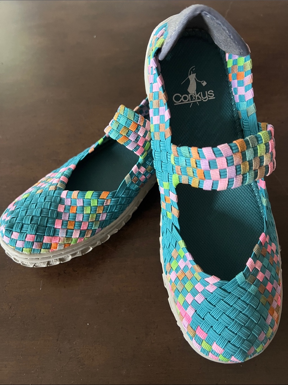 Corkys “Liz” Teal Woven Mary Jane Flats • Size 7 • Comfort Slip‑On
